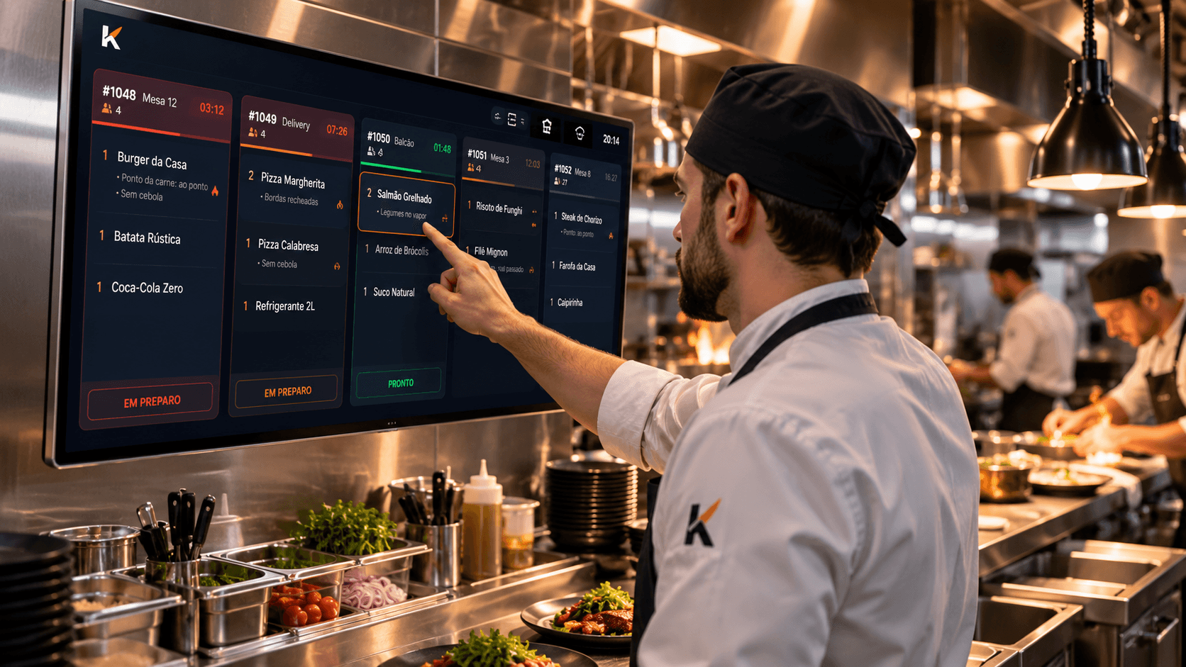 Chef coordenando pedidos na cozinha profissional com KDS e telas Kitch OS