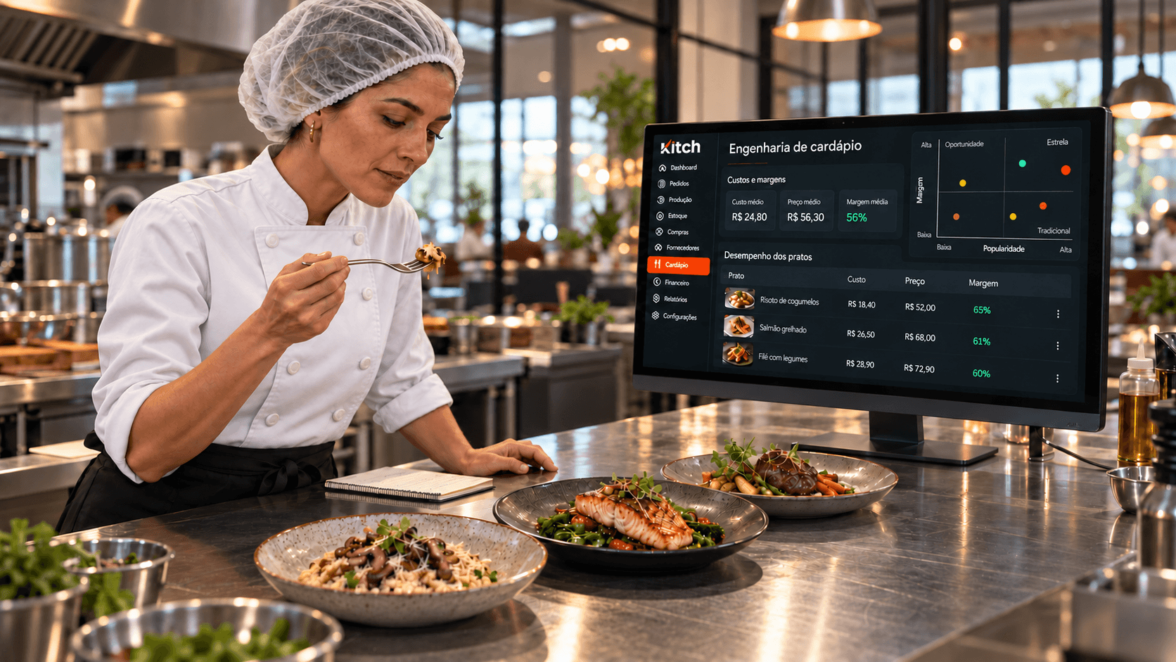 Cozinha profissional com foco em padronização e informações nutricionais