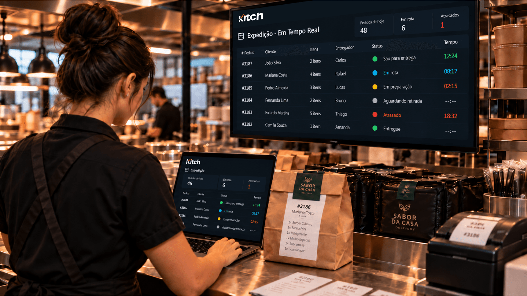 Estação de expedição de restaurante conferindo embalagens e despachando entregas com Kitch OS