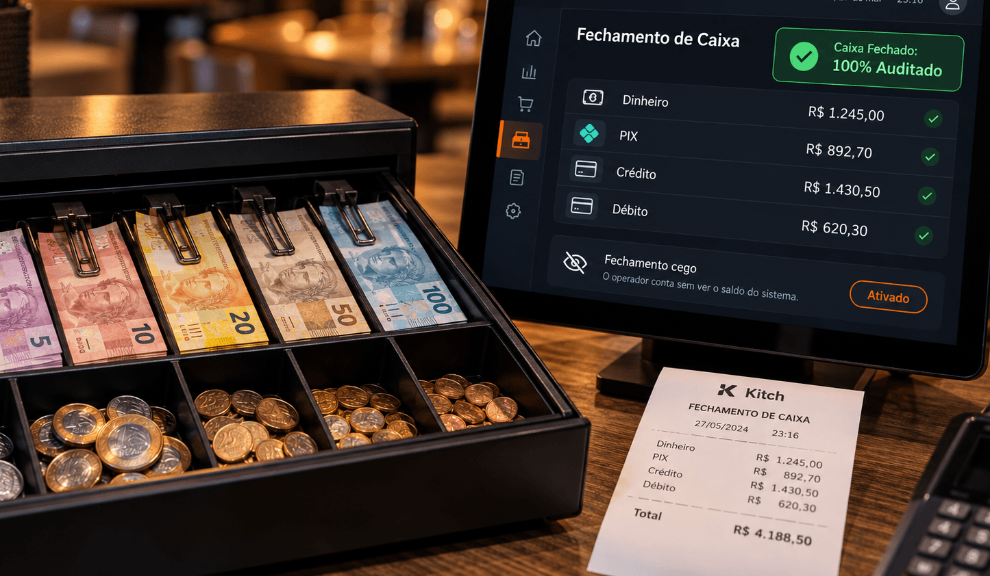 Operador realizando fechamento cego de caixa no restaurante com Kitch OS