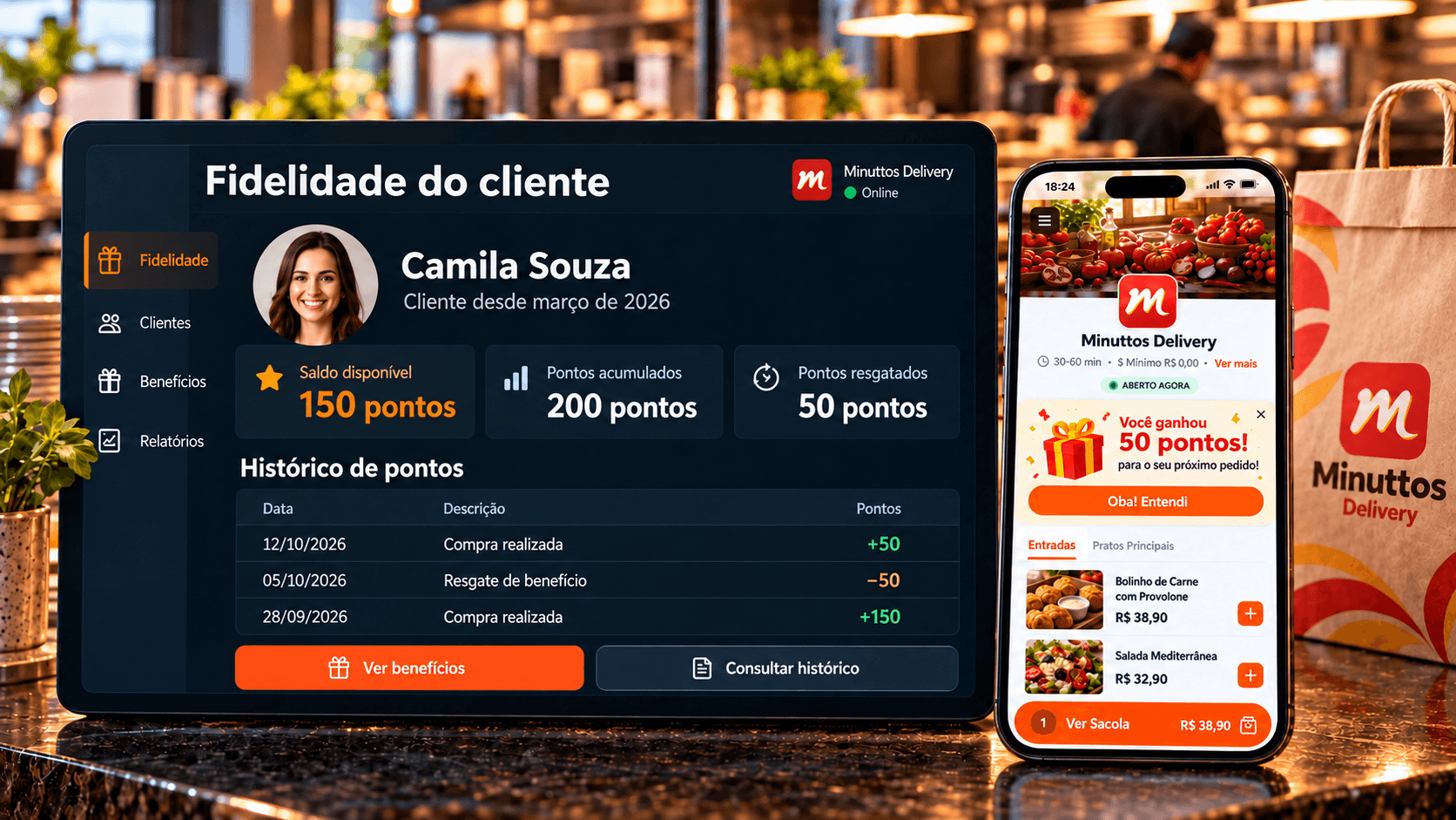 Painel de fidelidade do cliente e cardápio digital Minuttos Delivery com Kitch OS