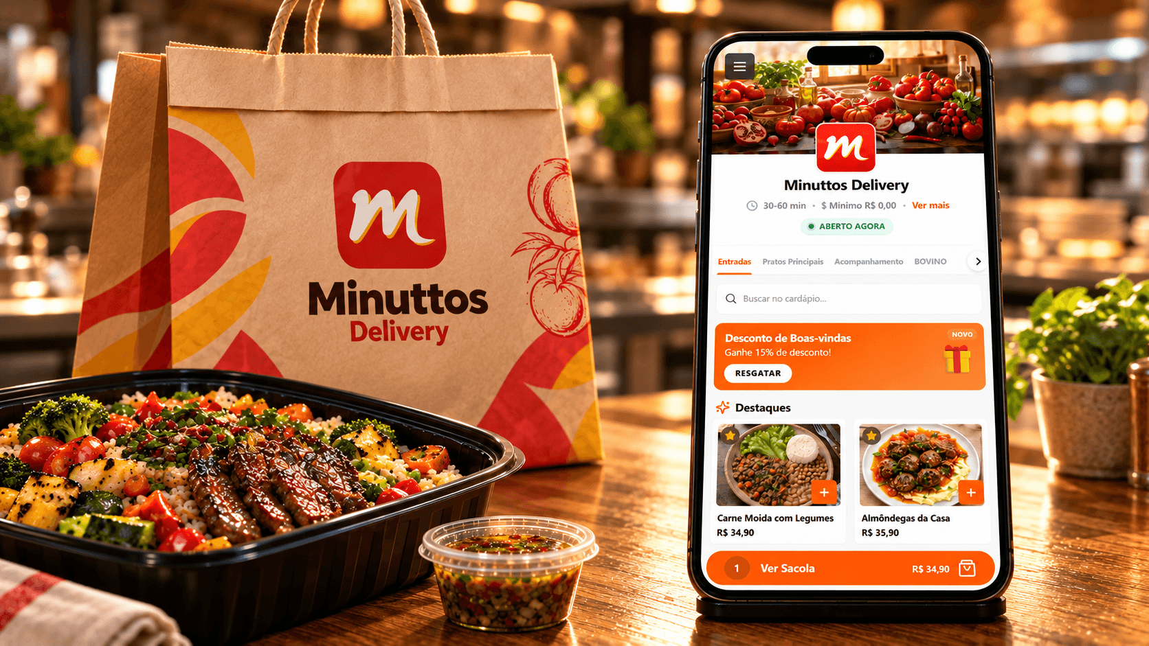 Cardápio digital próprio Minuttos Delivery com smartphone e embalagens no balcão